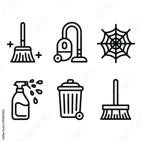 Household cleaning and domestic sanitation icons for home maintenance and tidiness concepts