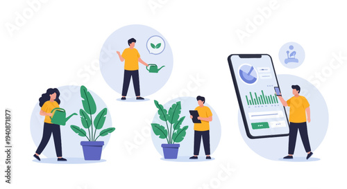 Eco friendly living, sustainable lifestyle, green technology, mobile app, vector illustration