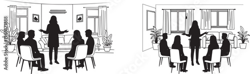 Silhouette of a mental health counselor in a group therapy session with four patient,  all seated in a circle on plain chair shapes vector silhouette