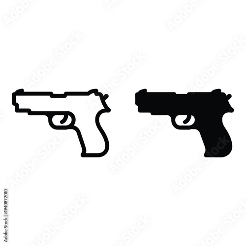 Vector Outline and Solid Pistol Icons Representing Firearms and Self Defense Safety