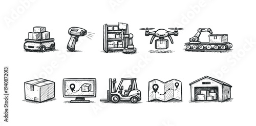 Logistics and supply chain icon set. transportation, warehouse management outline icons