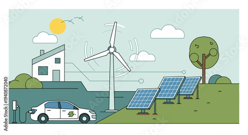 Vector illustration of eco-friendly home with solar panels, wind turbine, and electric car