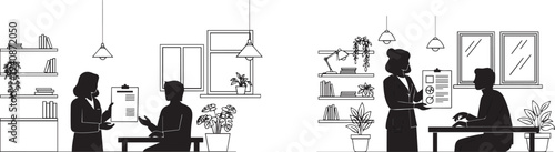 Silhouette of a nutritionist presenting a plain dietary plan chart shape to an engaged patient silhouette at a plain desk vector silhouette