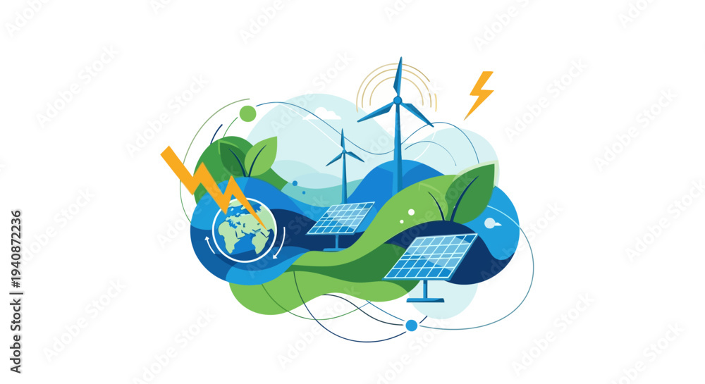 Obraz premium Vector eco friendly icons set with earth, solar panel, wind turbine