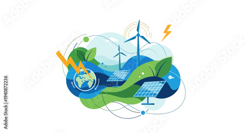 Vector eco friendly icons set with earth, solar panel, wind turbine