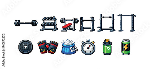 Gym and fitness solid icon set. workout, exercise equipment collection in solid style