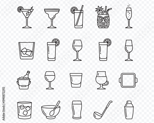 Bar Drinks & Cocktail Icons Set - Editable Stroke Line Art Symbols for Alcohol, Mixology, Martini, Whiskey, Champagne, Beer, Mojito, Shaker, Glassware, Bar Tools, Restaurant Menu, Party, Lounge.