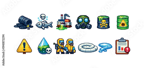 Environmental hazards icon set. pollution and safety symbols in flat style