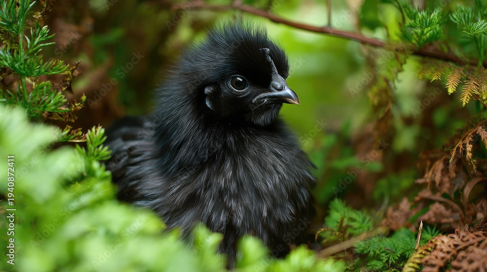 Fototapeta premium Adorable black chick with fluffy feathers nestled among lush green ferns in a serene natural setting