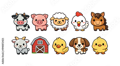 Farm animals solid icon set. cute, cartoon, farm animal icons solid collection
