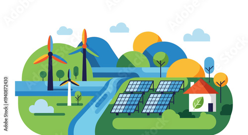 Vector illustration of eco-friendly landscape with renewable energy sources