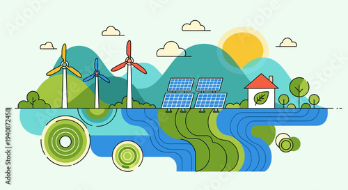 Vector illustration of eco-friendly energy sources and sustainable environment
