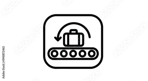 A simple black line icon depicting a suitcase on a conveyor belt with a curved arrow, against a white background.
