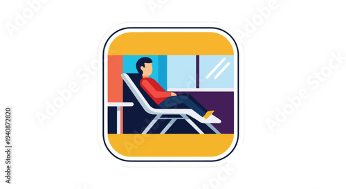 Illustration of a relaxed man sitting in a chair with a laptop on a train with a window view.