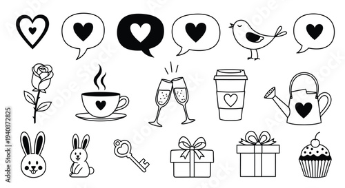 Collection of Hand-Drawn Valentines Day and Love Themed Icons.