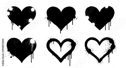 Graffiti Heart Shapes Collection Black Spray Paint Drips.