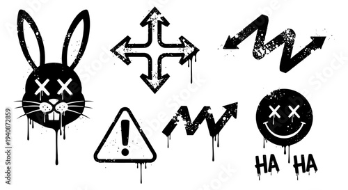 Graffiti Style Icons Featuring a Rabbit, Smiley, and Warning Sign.