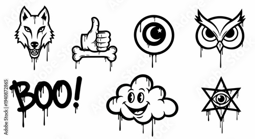 Graffiti Style Icons Collection Featuring Animals and Symbols.