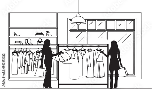 Vector illustration of two women shopping in a clothing store silhouette vector