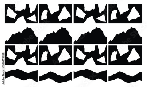 Abstract black and white composition featuring geometric shapes arranged in a 4x4 grid pattern, creating a dynamic visual texture.