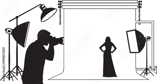 Vector illustration of a photographer and model in a studio silhouette vector
