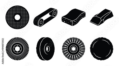 Abrasive tools silhouette collection: Sandpaper discs, belts, sponges, and brushes for grinding, polishing, and cleaning.