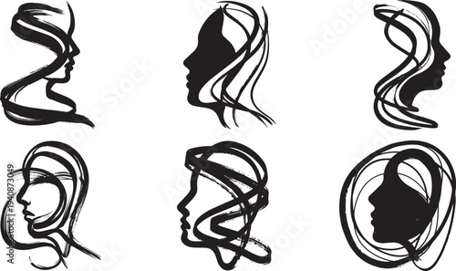 Set of 6 abstract black silhouette female face profiles with flowing hair lines, modern vector illustrations for beauty, fashion, and wellness designs