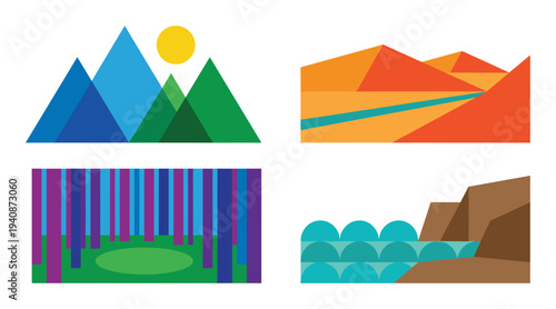 Abstract landscapes illustration set, flat design of mountains, river, forest and waterfall, geometric nature scenery collection