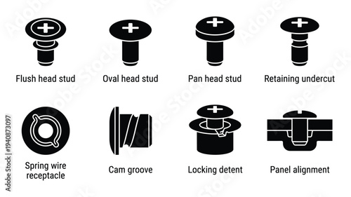 Aerospace Dzus fastener collection with flush head stud, oval head stud, pan head stud, panel alignment, cam groove