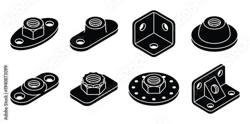 Aerospace nutplates, anchor nuts icons. Isometric view engineering hardware elements and fixing base with screw threads design.