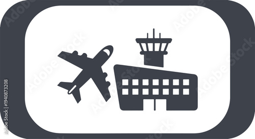 Graphic illustration of an airplane taking off next to a building with a control tower in a dark gray and white color scheme.
