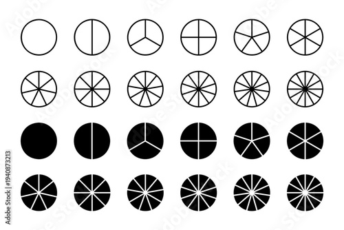 Set of circles divided into parts from 1 to 12 isolated on white background. Pie or pizza shapes are cut into equal slices. Round business chart or diagram examples. Vector graphic illustration.