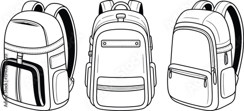 backpack, school, bag, outline, vector, illustration, travel, student, luggage, accessory, fashion, design, front, side, view, isolated, white, background, equipment, carry