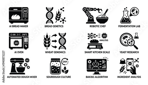 AI Kitchen Technology Icons Set: Bread Maker, Genetics, Robotic Chef, Fermentation Lab, Oven, Wheat Genomics, Smart Scale