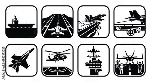 Aircraft carrier flight deck icons collection. Carrier, runway, launch, landing, fighter, helicopter, control tower, deck crew