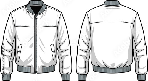 bomber, jacket, men, fashion, clothing, apparel, outline, vector, illustration, front, back, view, casual, design, isolated, white, background, garment, stylish, template