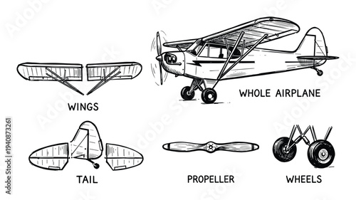 Airplane parts illustration featuring wings, tail, propeller, wheels and whole airplane, detailed diagram, black and white