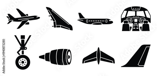 Airplane Parts Vector Set: Fuselage, Wings, Tail, Engine, Landing Gear, Cockpit. Detailed airplane components in black color.