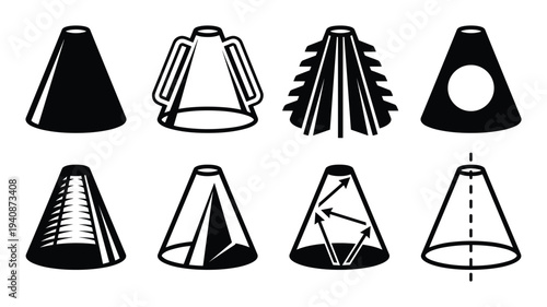 Beam dump cone icons vector set. Photonics, laser engineering. Conical absorbers design elements, for energy dissipation.