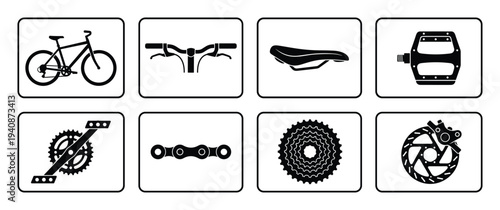 Bicycle parts vector set: includes frame, handlebars, seat, pedals, crankset, chain, cassette, and disc brake detailed illustration.