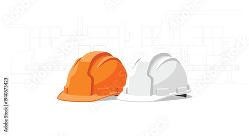 Two protective hard hats, one orange and one white, rest in the foreground against a faint outlined factory background.