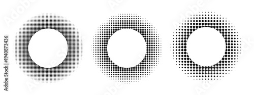 Set of round frames with faded polka dot texture. Circular shapes with pixel, noisy or grutty borders isolated on white background. Decorative design elements. Vector graphic illustration.