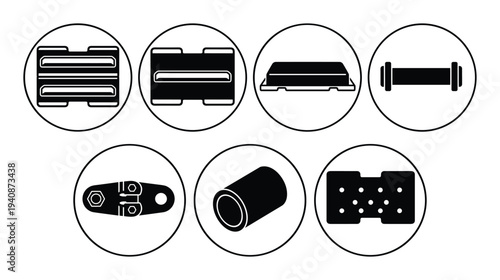Black and white fill icons of mechanical parts, components, gears, and couplings, industrial designs and engineering elements.