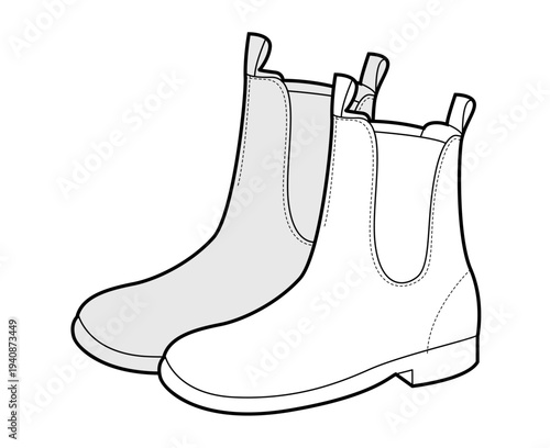 Chelsea boot women sketch pair. Classic pull on ankle boot for autumn city outfit and everyday wear. Technical fashion illustration CAD mockup vector man unisex isolated classic style.