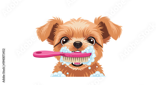 A fluffy brown puppy with foamy mouth and wide eyes happily grips a bright pink toothbrush with white bristles.