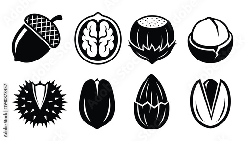 Black and white nut icons, acorn, walnut, hazelnut, macadamia, chestnut, almond, and pistachio vector illustration.