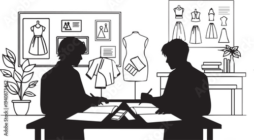 Vector illustration of two designers working on fashion sketches silhouette vector