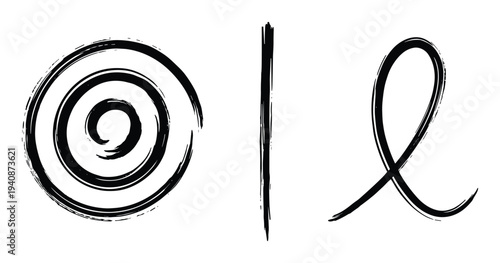 Brushstroke circle, line, and loop design elements. Black ink swirls, vertical mark, curved flourish shape