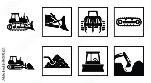 Bulldozer blade ripper tracks icons vector set. Construction equipment silhouettes. Excavator machinery pictogram