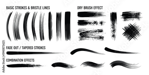 Brush stroke texture vector illustration, basic strokes, bristle lines, fade out tapered strokes, dry brush, combination effects